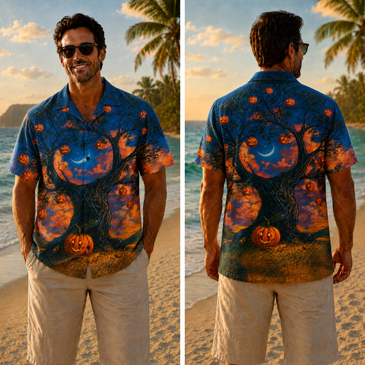 Halloween Hawaiian Shirt - Sunset Pumpkin Tree Print for Fall
