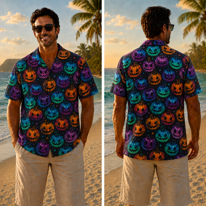 Halloween Hawaiian Shirt - Tie-Dye Glow Pumpkin Print for Fall
