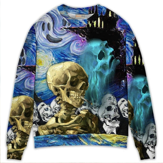 Halloween Skull Smoke Starry Night Art – Sweater - Ugly Christmas Sweater