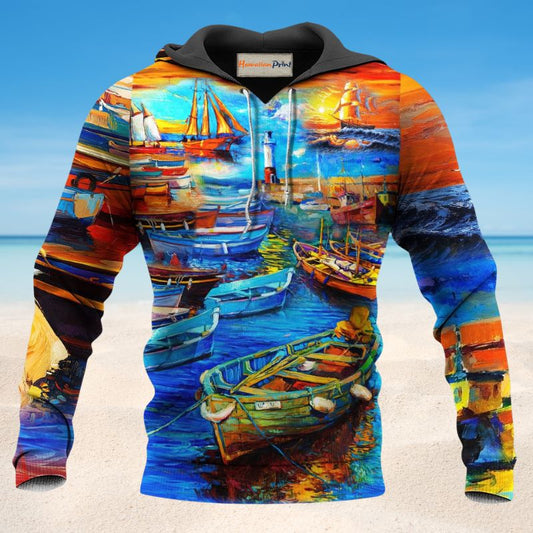 Harbor Sunset Boat Vintage - 3D Hoodie