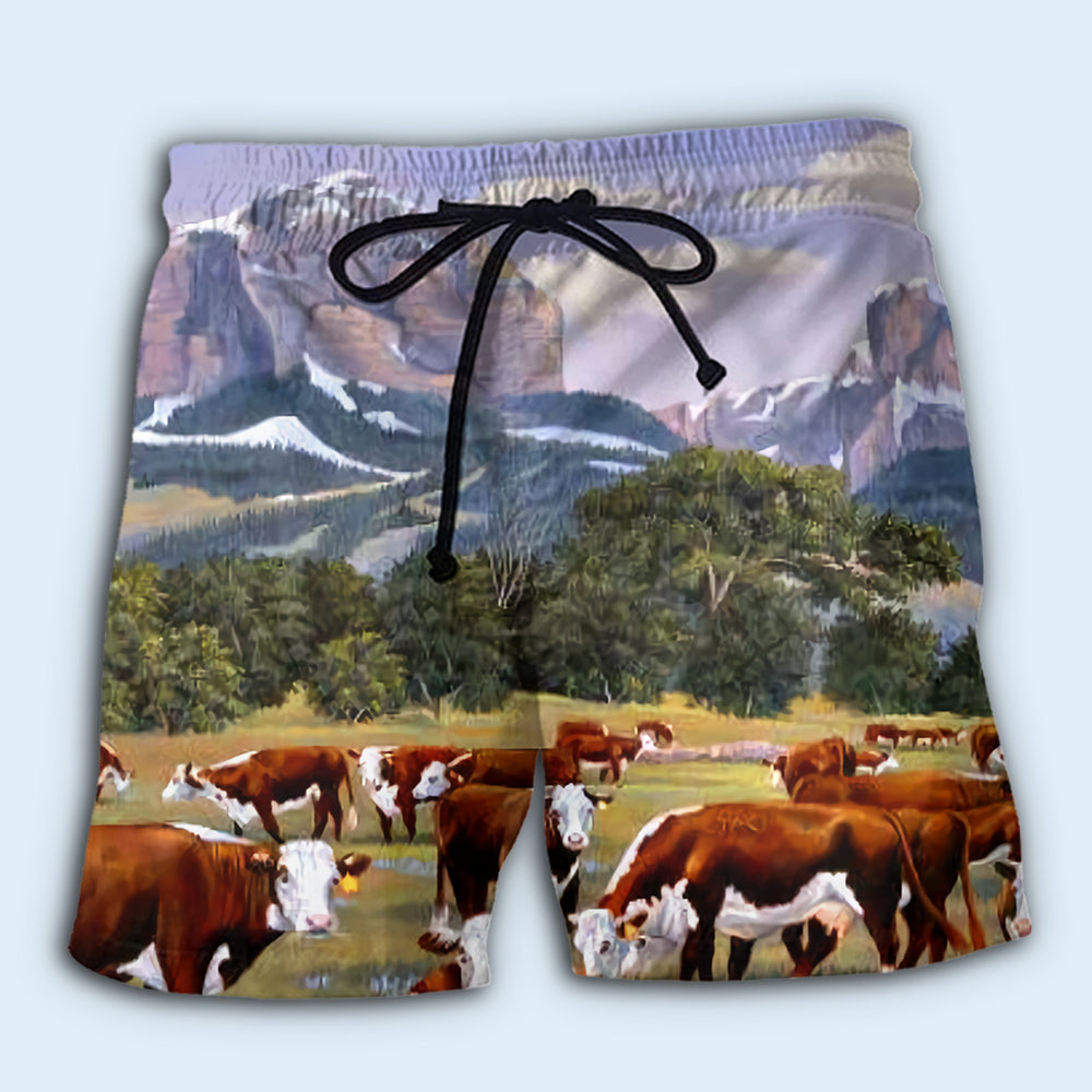 Cow Mountain Landscape Art - Beach Short