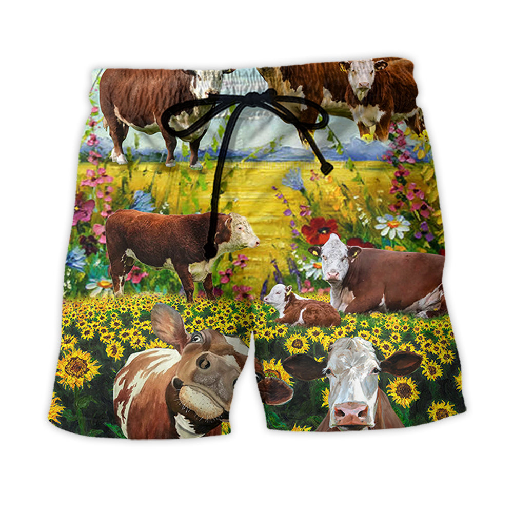 Hereford Cow Pastoral Landscape – Beach Short