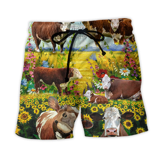 Hereford Cow Pastoral Landscape – Beach Short