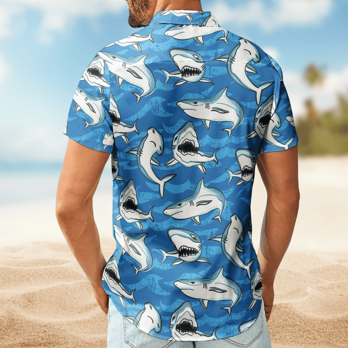 Customize Big Funny Photo With Sharks Pattern - Custom Photo Hawaiian Shirt
