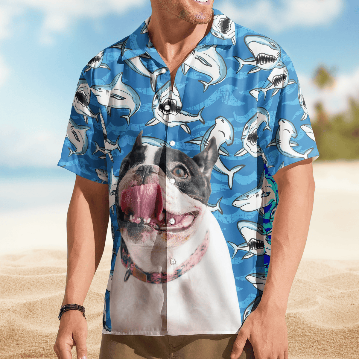 Customize Big Funny Photo With Sharks Pattern - Custom Photo Hawaiian Shirt