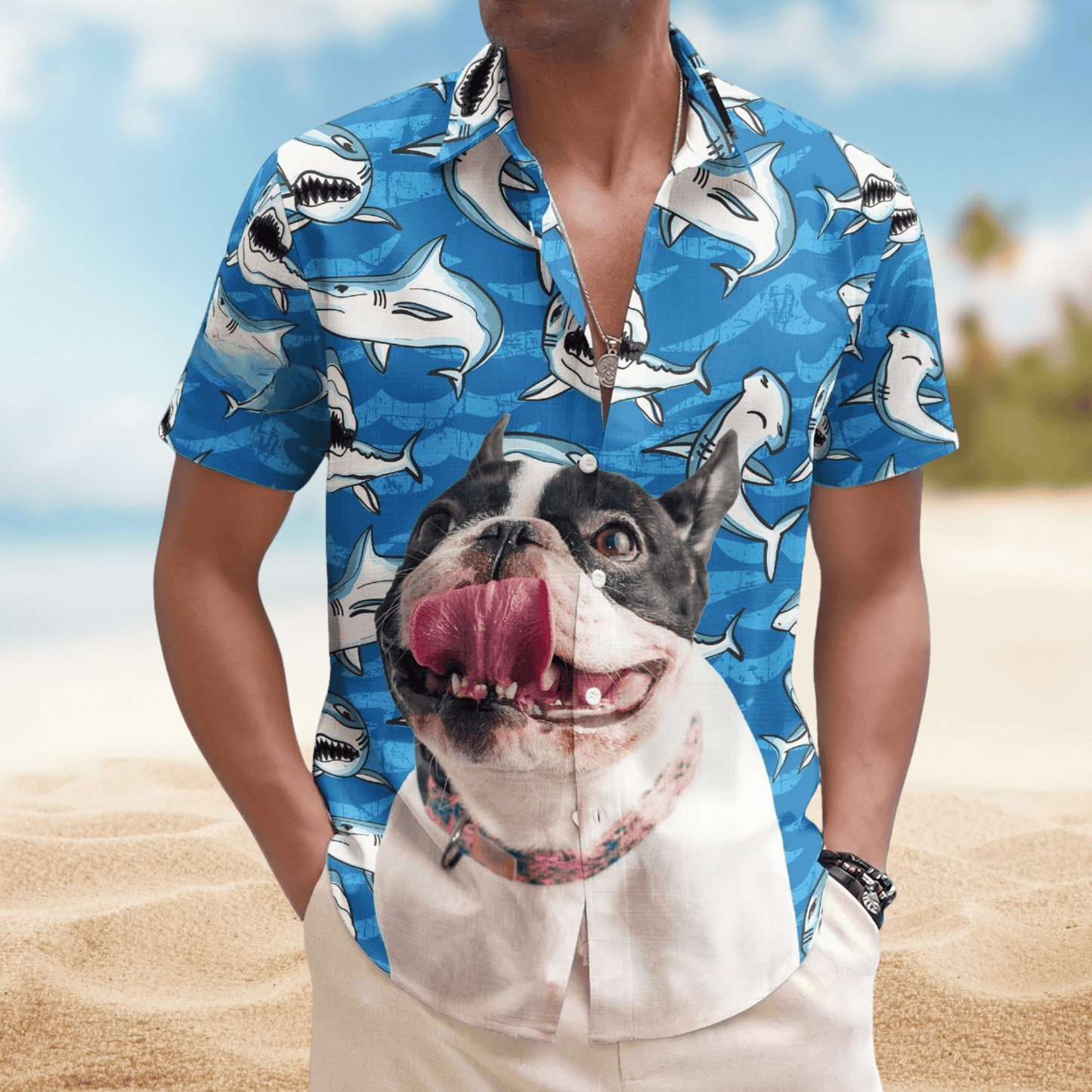 Customize Big Funny Photo With Sharks Pattern - Custom Photo Hawaiian Shirt