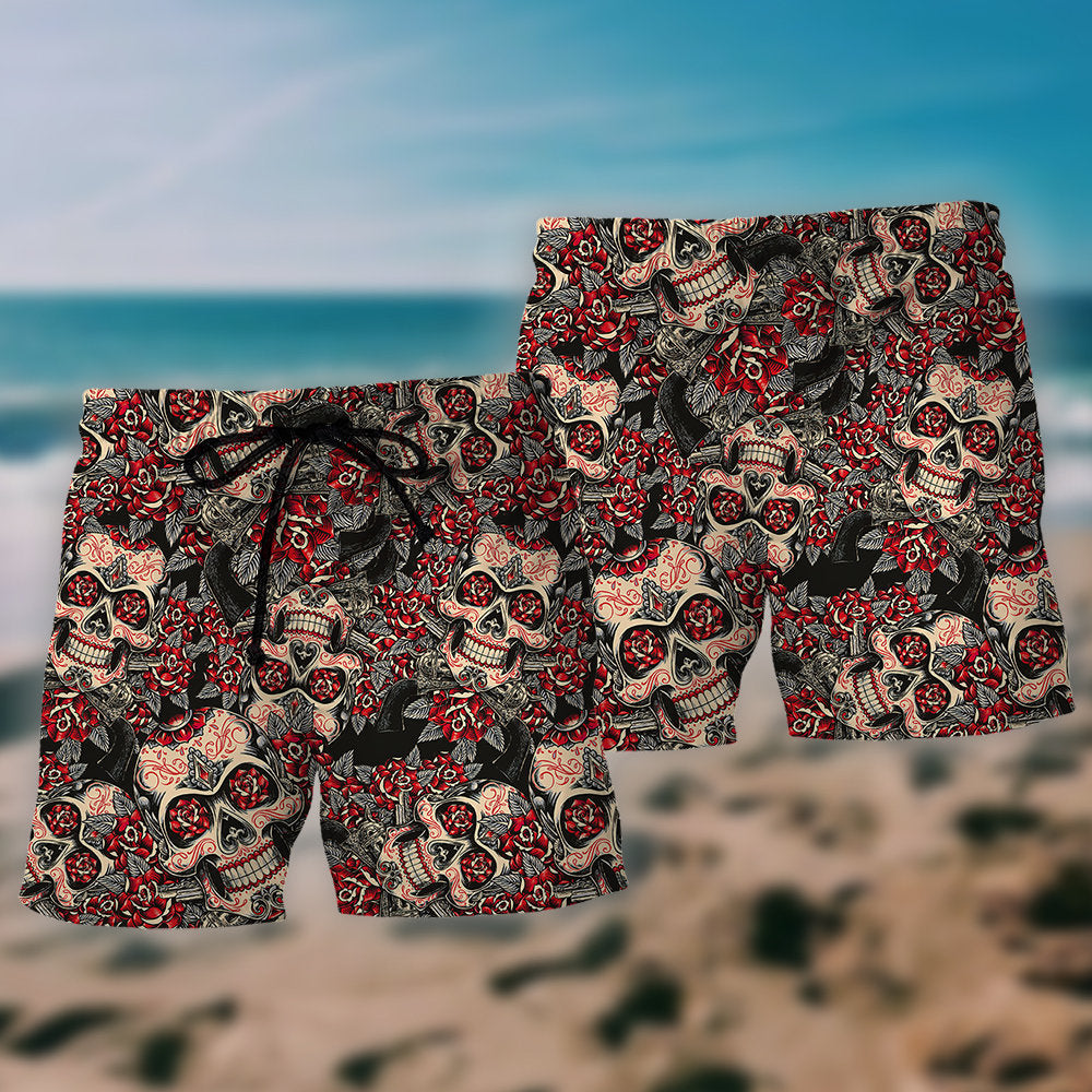 Red Floral Sugar Skull – Beach Short