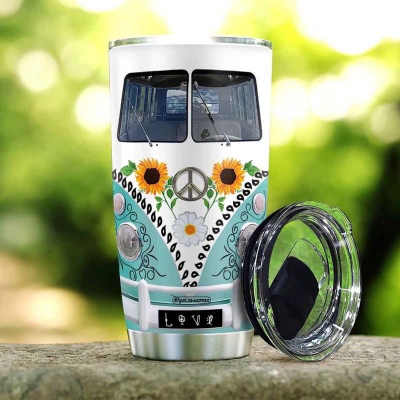 Hippie Van Love Sunflower Personalized 20 Oz Tumbler For Hot Cold Drinks And Travel