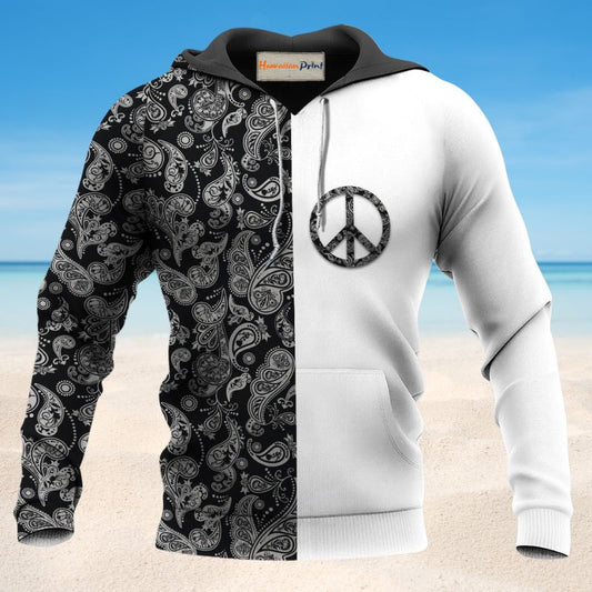 Hippie Symbol Black White Pattern - 3D Hoodie