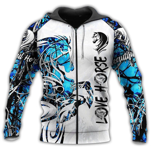 Horse Love Life Blue White - 3D Hoodie