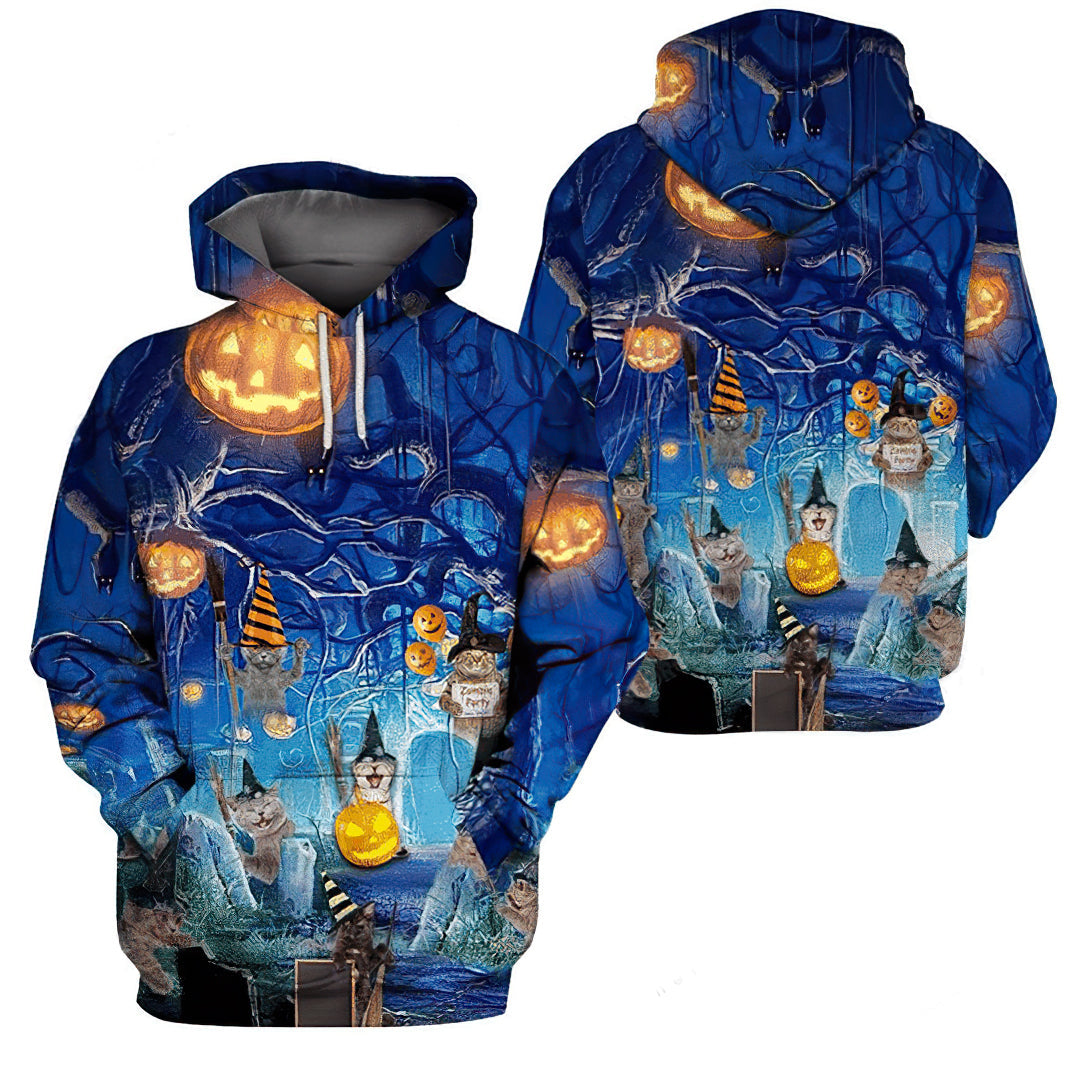 Blue Halloween Cat Art – 3D Hoodie
