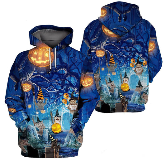 Blue Halloween Cat Art – 3D Hoodie