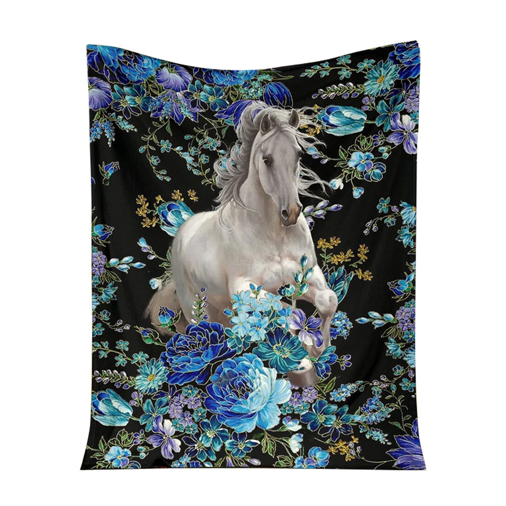 Horse Blue Floral 50 x 60 Inch Flannel Blanket For Cozy Bedroom And Sofa Decor