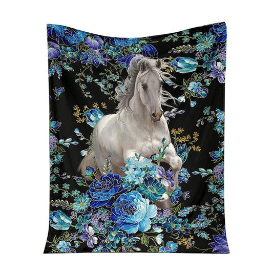 Horse Blue Floral 50 x 60 Inch Flannel Blanket For Cozy Bedroom And Sofa Decor