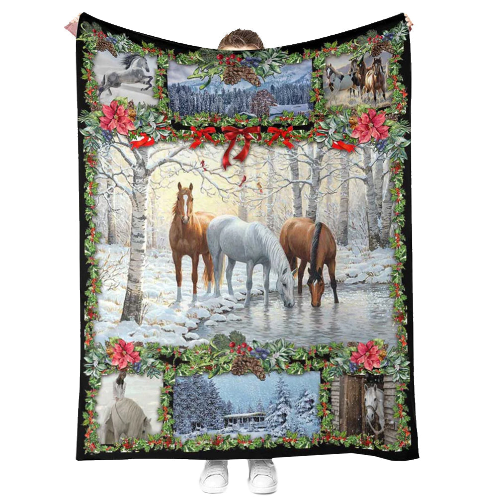 Horse Christmas Horse Near The River 50 x 60 Inch Flannel Blanket For Cozy Bedroom And Sofa Decor