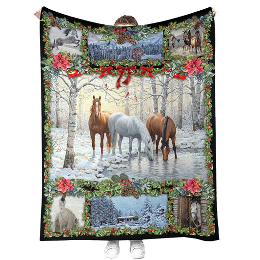 Horse Christmas Horse Near The River 50 x 60 Inch Flannel Blanket For Cozy Bedroom And Sofa Decor