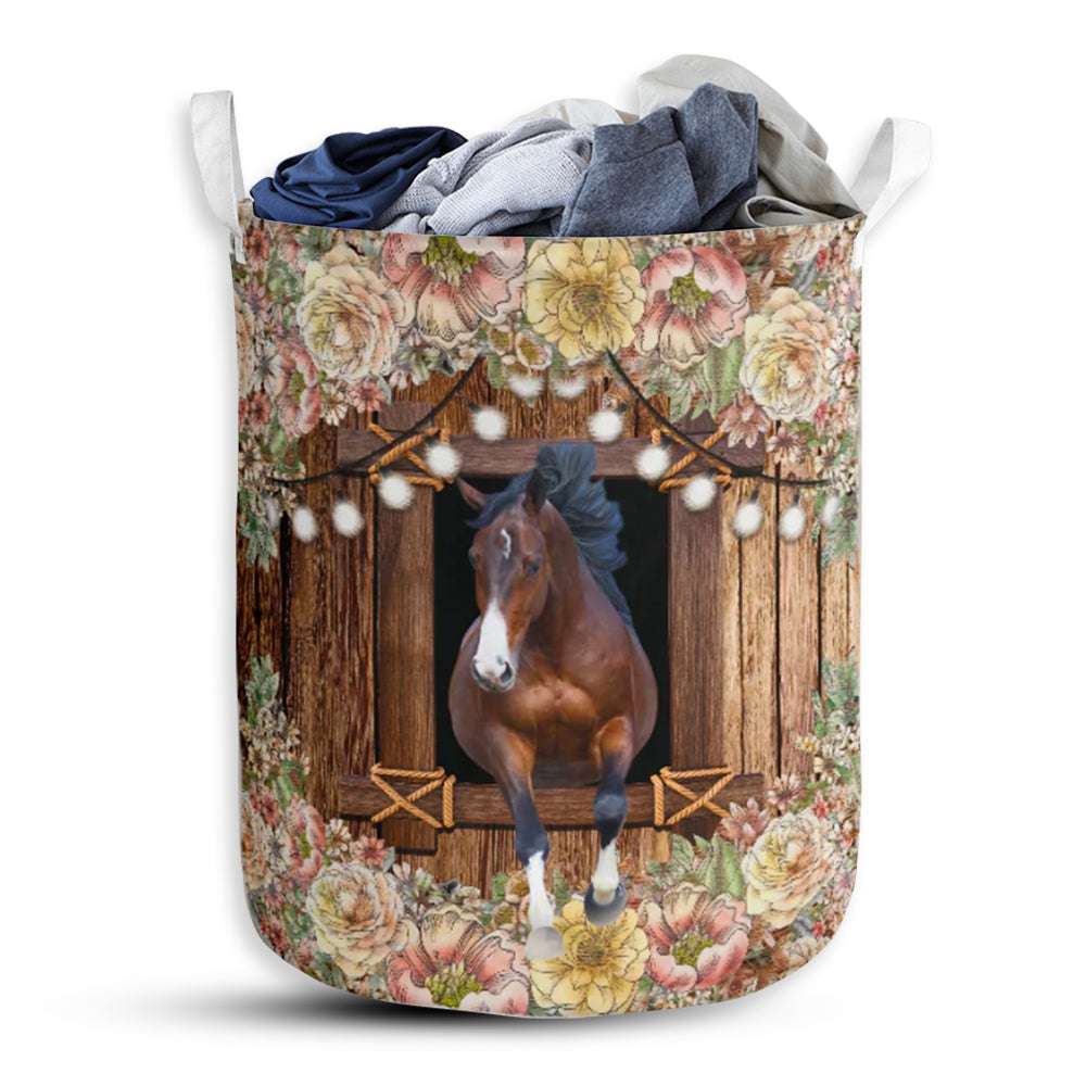 Horse Flower Wood Type - Laundry Basket - Owls Matrix LTD