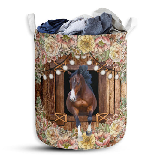 Horse Flower Wood Type - Laundry Basket - Owls Matrix LTD