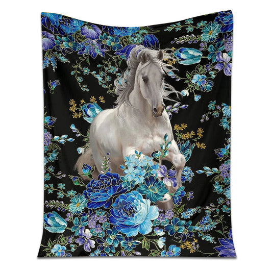 Horse White Horse Blue Flower 50 x 60 Inch Flannel Blanket For Cozy Bedroom And Sofa Decor