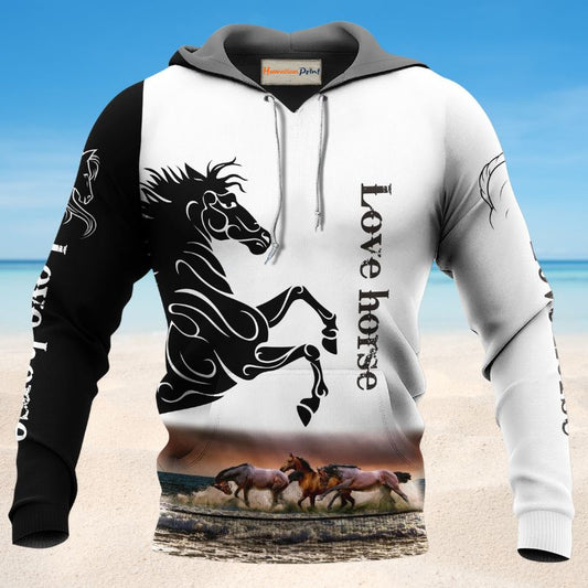 Horse Black White Elegant Style - 3D Hoodie