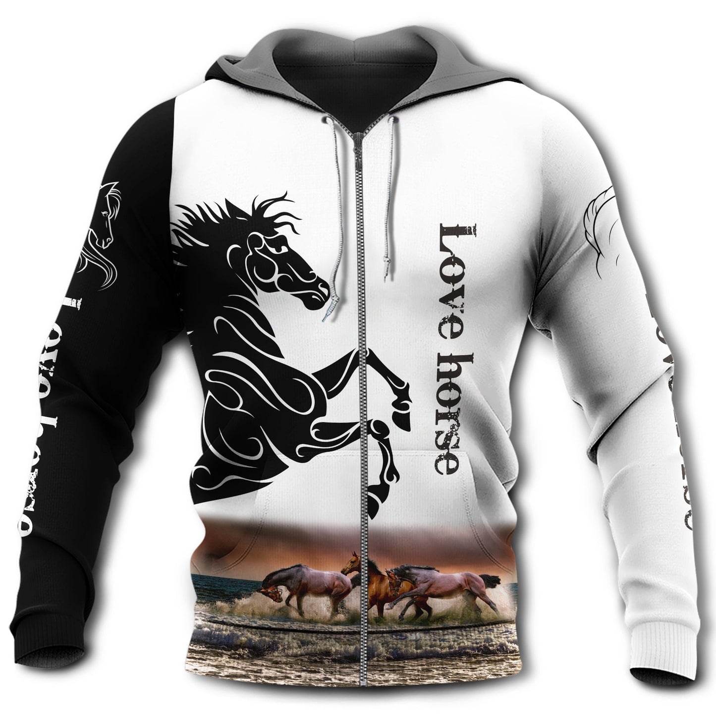 Horse Black White Elegant Style - 3D Hoodie2