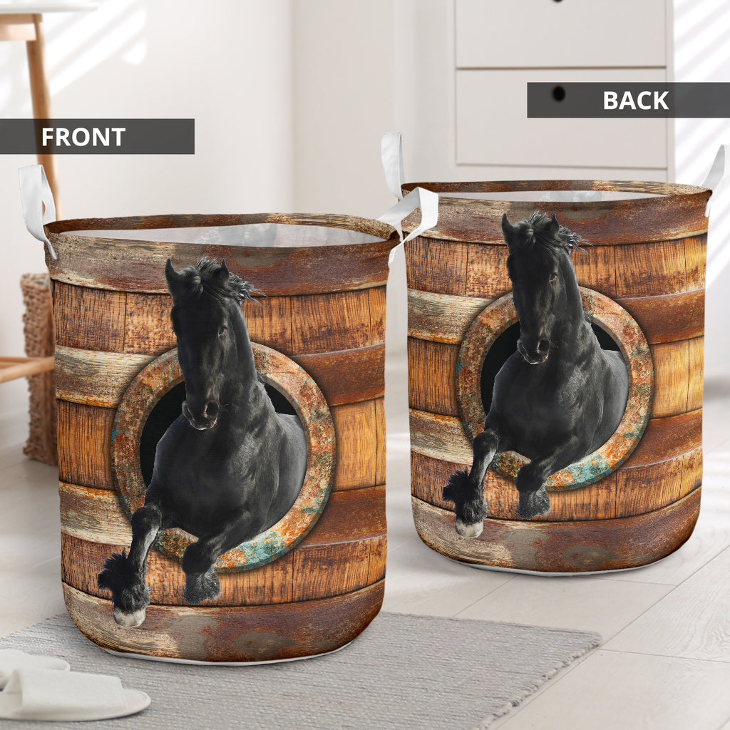 Horse Black Wood Vintage - Laundry Basket - Owls Matrix LTD