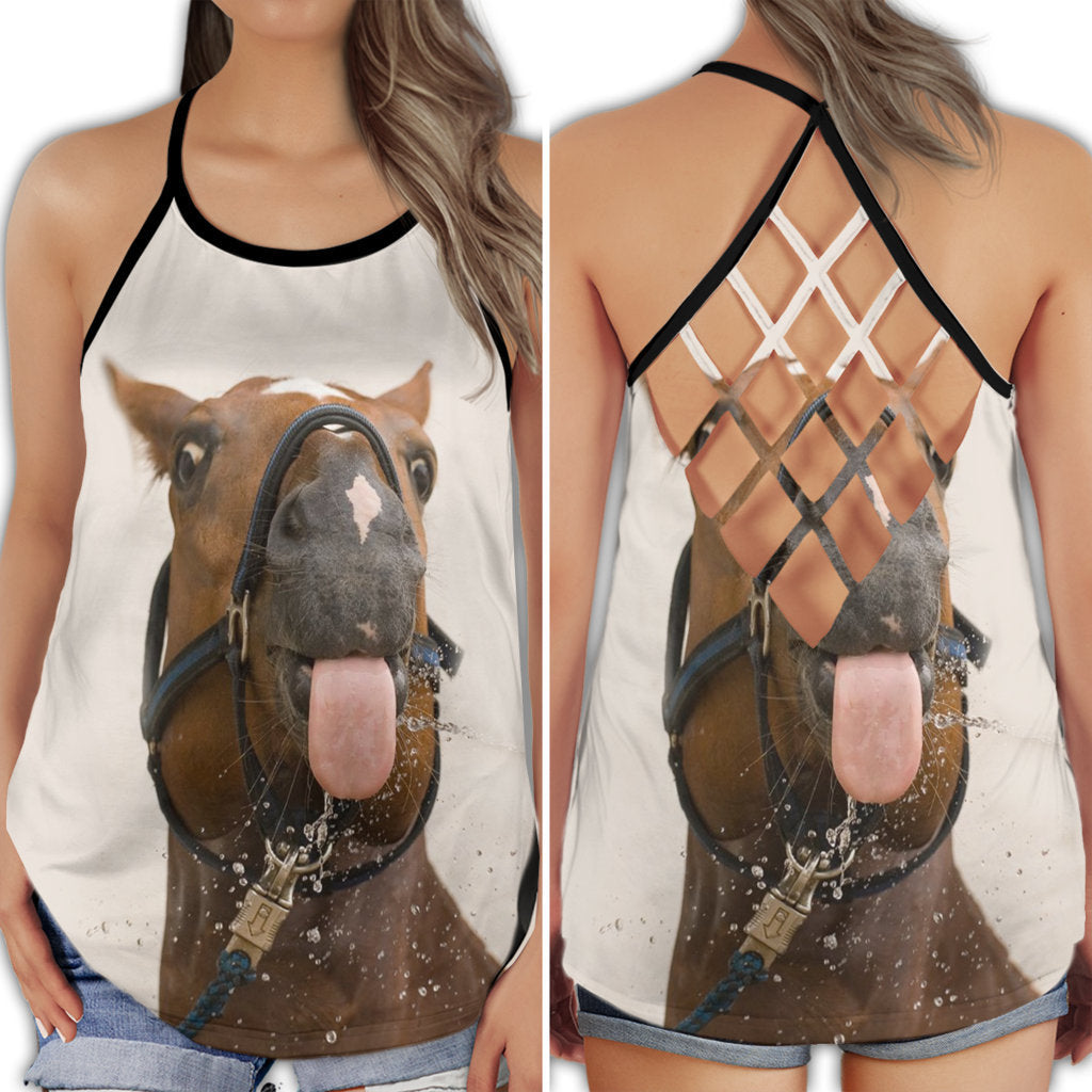 Horse Love Life Pink Tongue Cute Funny Animal Style - Hollow Tank Top