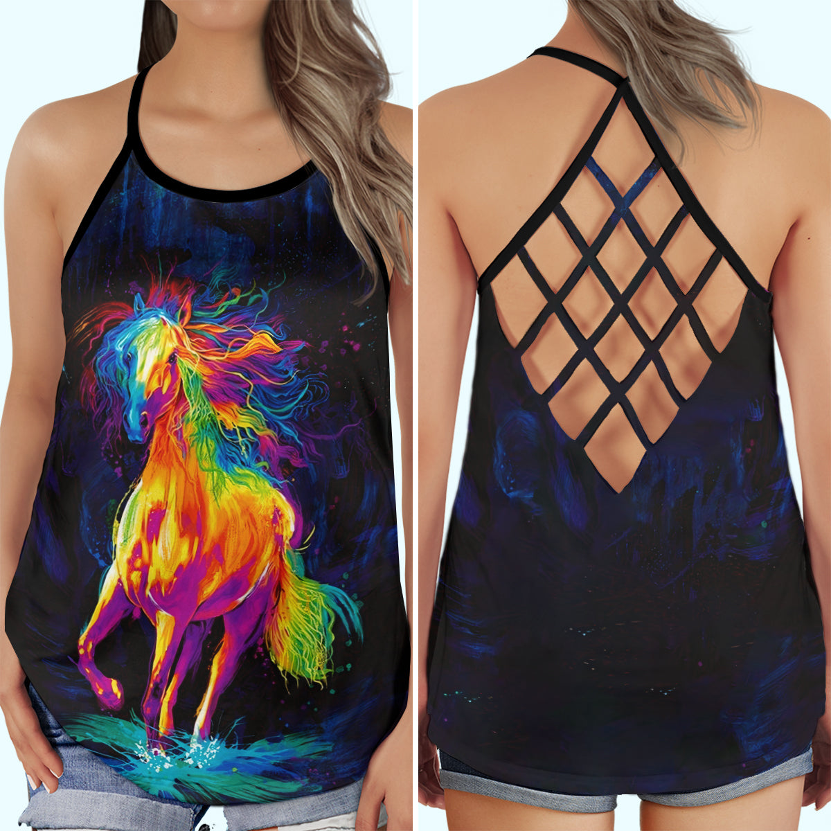 Tank Top / S Horse rainbow run - Cross open back tank top - Owls Matrix LTD