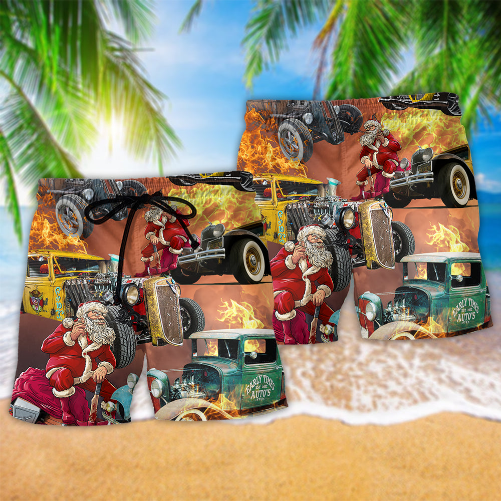 Hot Rod Santa Fire Christmas Art – Beach Short