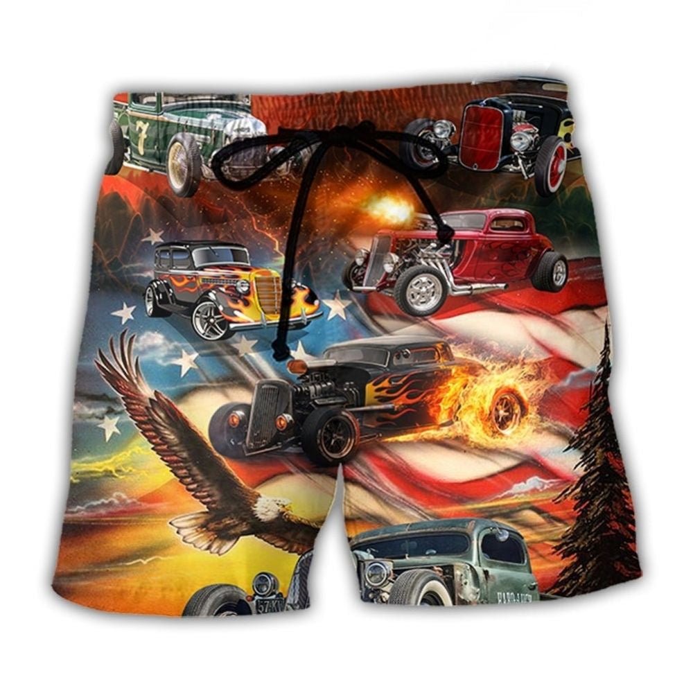 Hot Rod USA Flag Independence Day - Beach Short