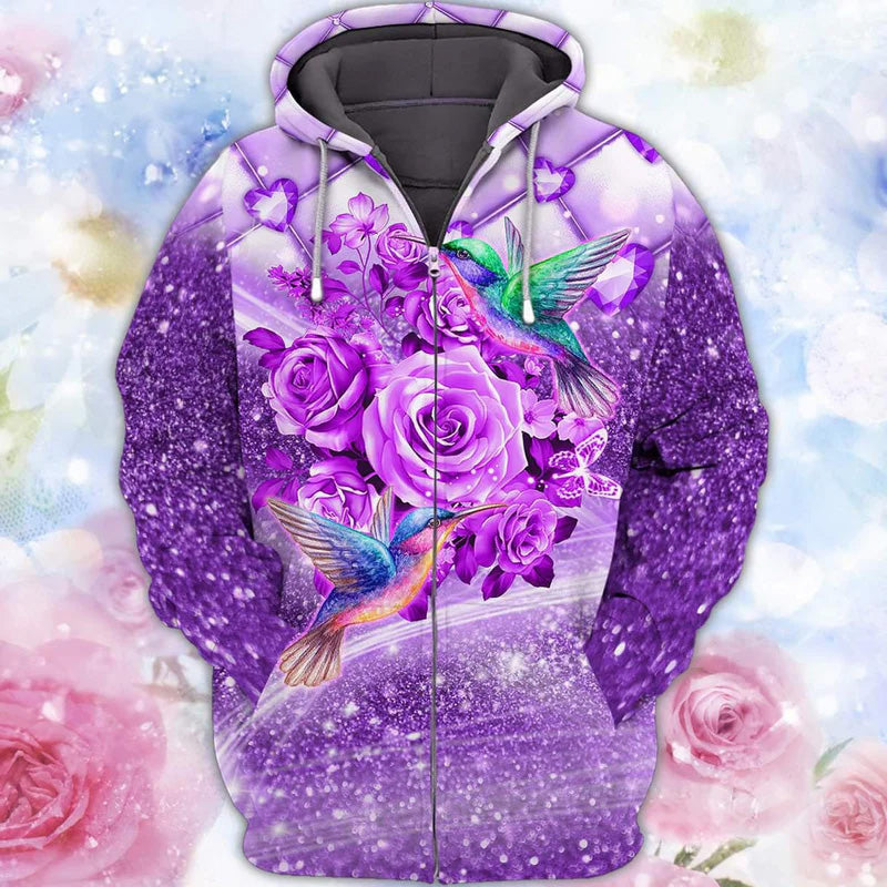 Hummingbird Purple Flowers Art – 3D Hoodie