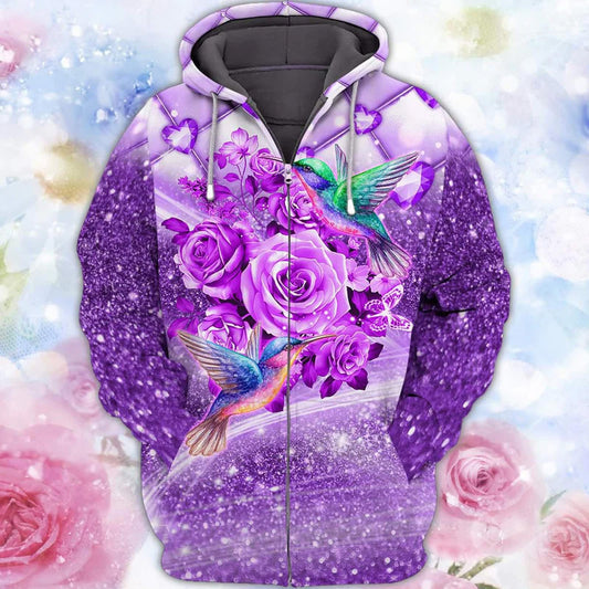 Hummingbird Purple Flowers Art – 3D Hoodie