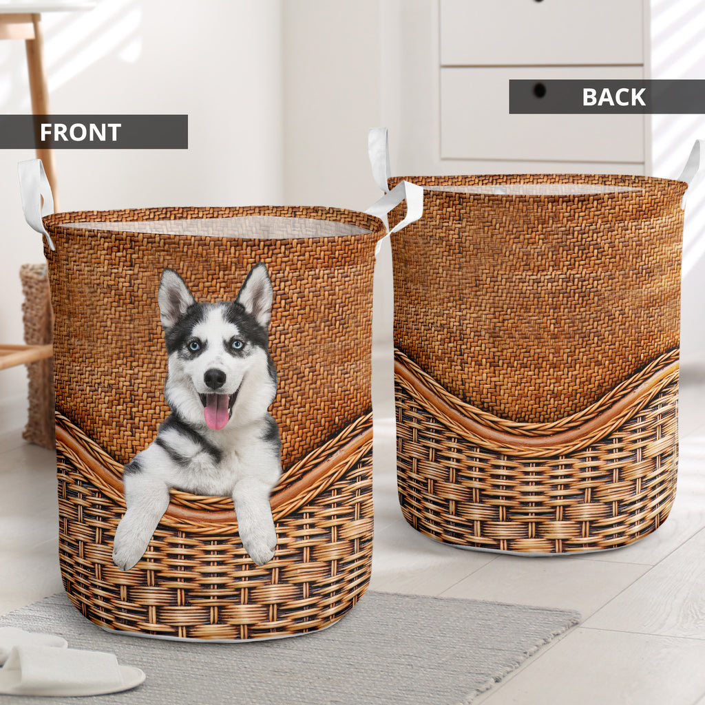 Husky Dog Rattan Teaxture - Laundry Basket - Owls Matrix LTD