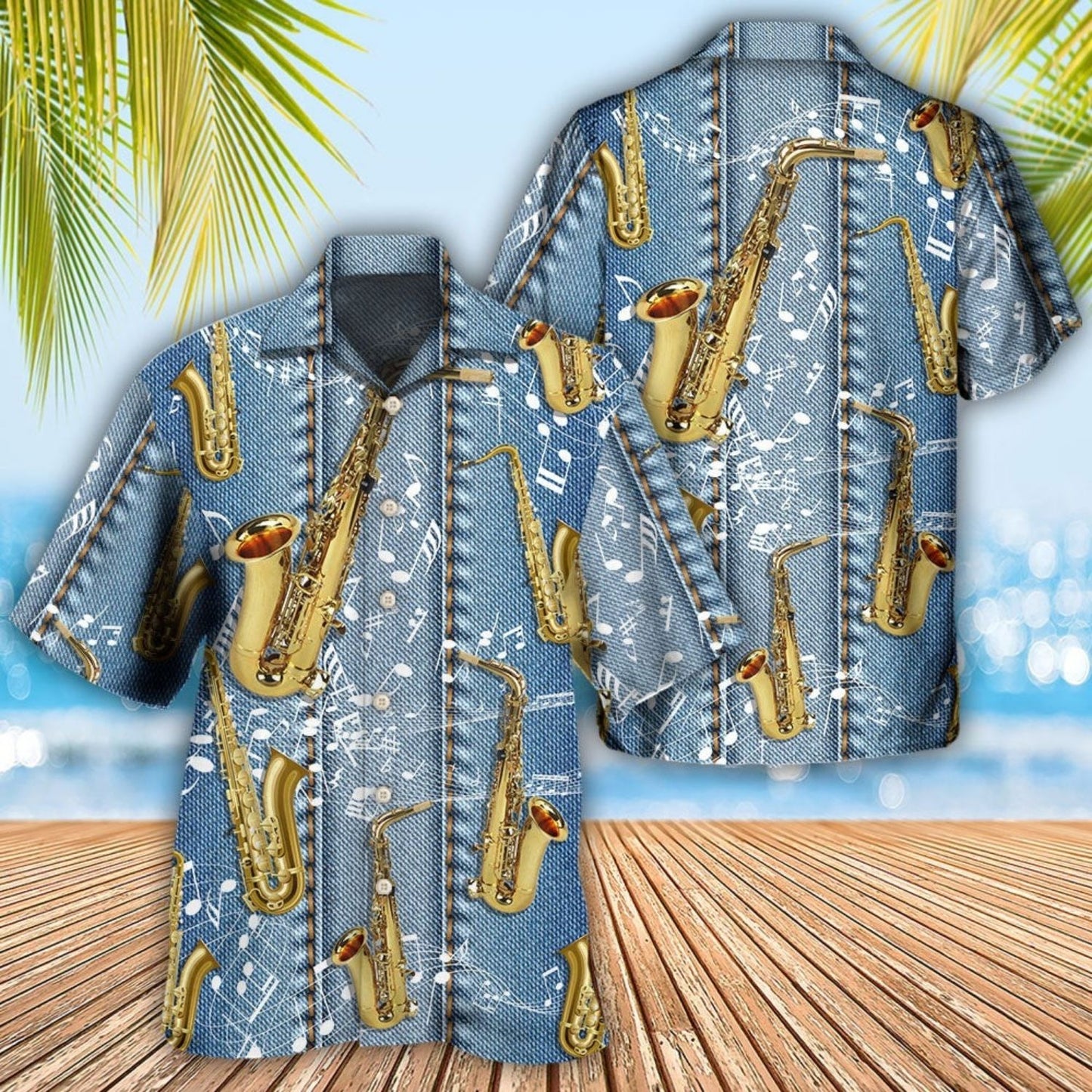 Saxophone Denim Art Music Notes - Hawaiian Shirt