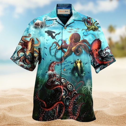 Giant Octopus And Deep Sea Diver Art – Hawaiian Shirt
