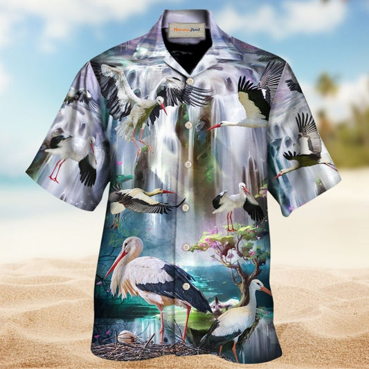 Stork Bird Dreamy Waterfall Art - Hawaiian Shirt