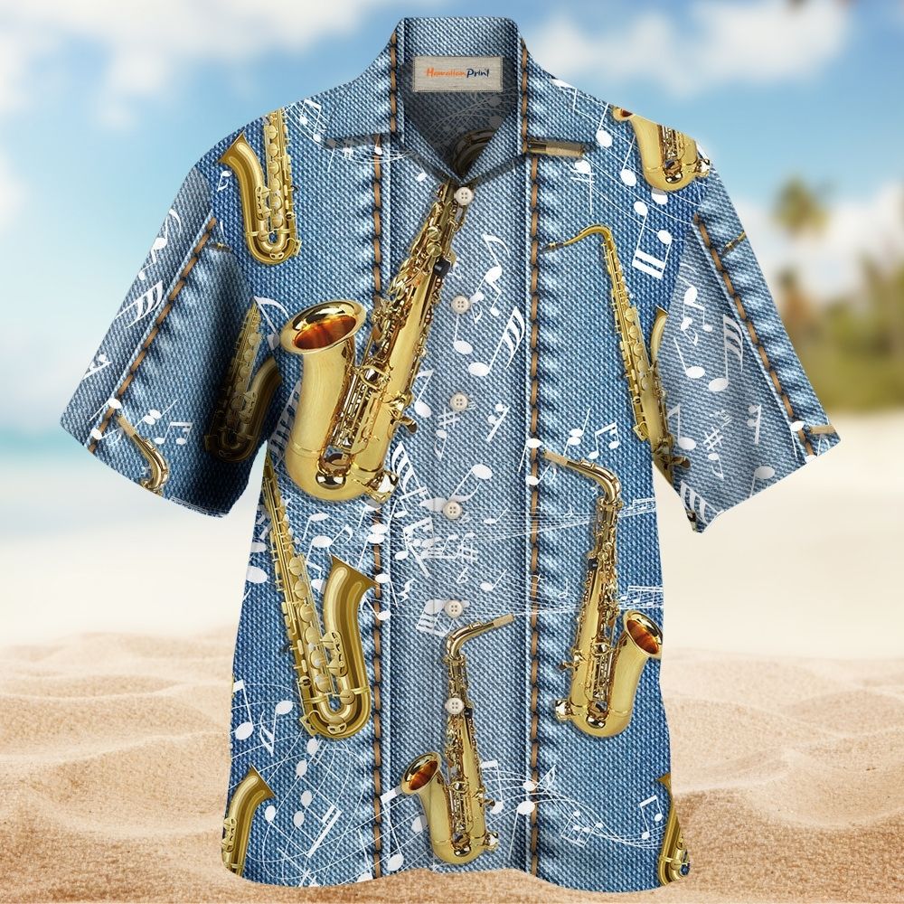 Saxophone Denim Art Music Notes - Hawaiian Shirt