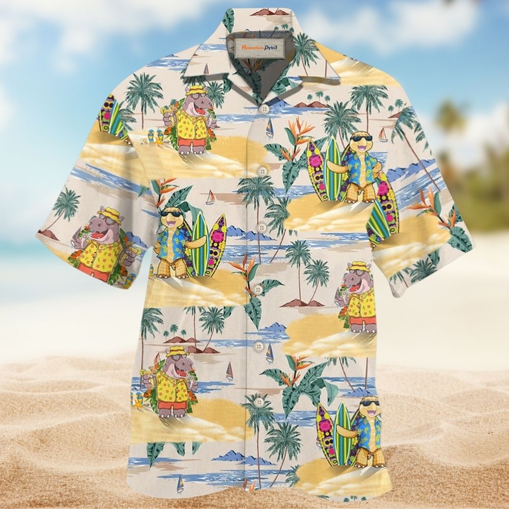Cartoon Hippo And Turtle Tropical Style - Hawaiian shirt