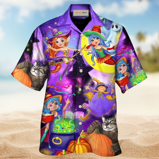 Funny Halloween Witch And Ghost In Magical Forest Art - Hawaiian Shirt