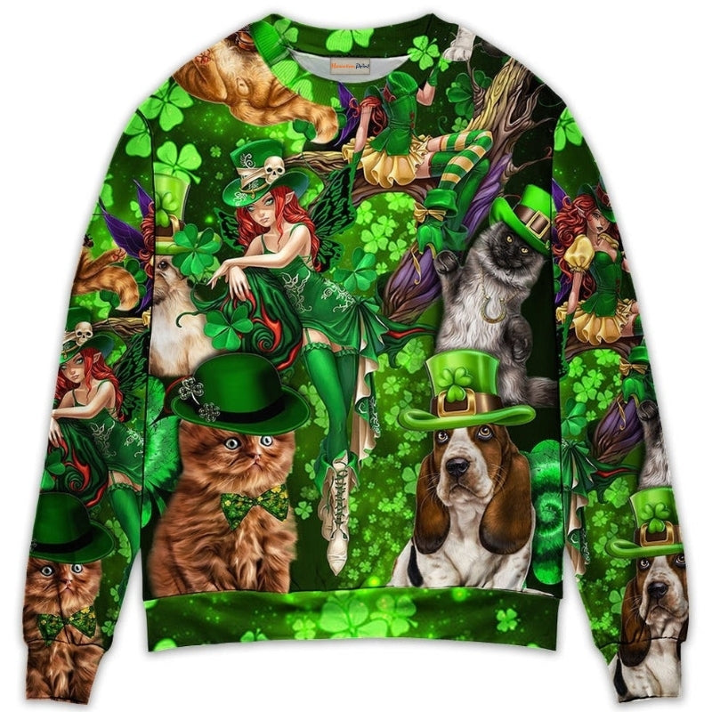 Irish Cat Girl St Patrick Green Light – Sweater - Ugly Christmas Sweater