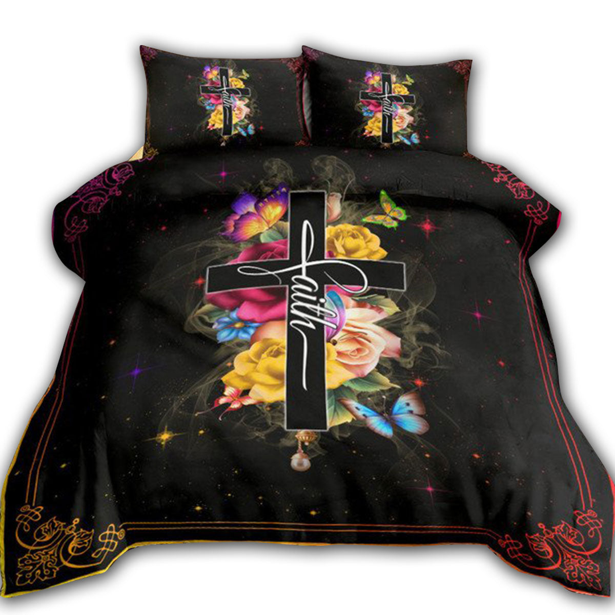 Jesus Faith Rose Butterfly Cross Dark Bedding Cover For Faith Bedroom Decor