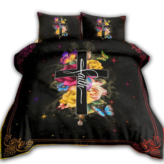Jesus Faith Rose Butterfly Cross Dark Bedding Cover For Faith Bedroom Decor