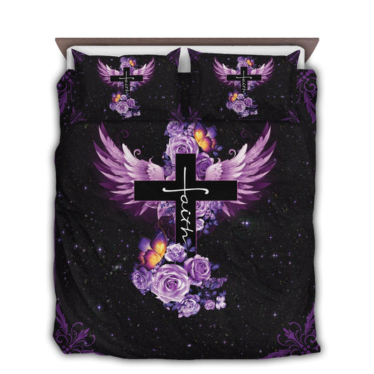 Jesus Faith Rose Butterfly Purple Christian Bedding Cover For Faith Bedroom Decor