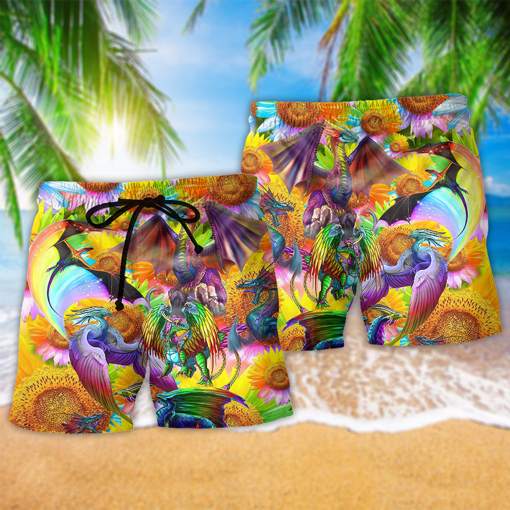 LGBT Pride Dragon Sunflower Positive Message Art – Beach Short