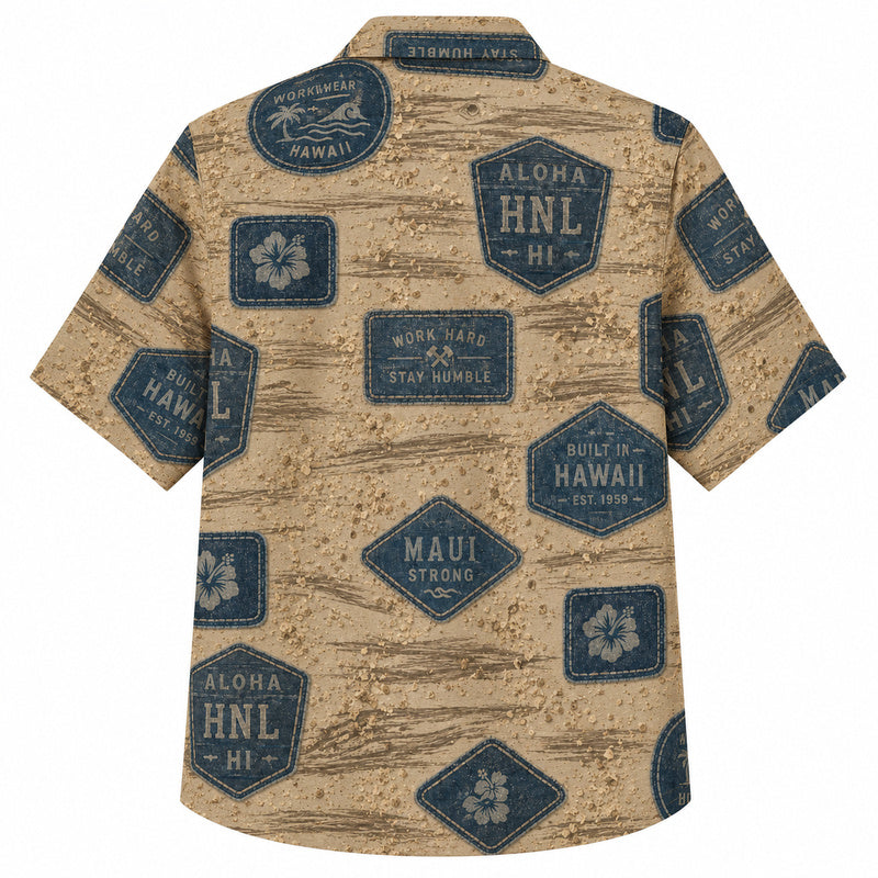 Labor Day Hawaiian Shirt- Aloha Denim Badge Print on Cork Texture