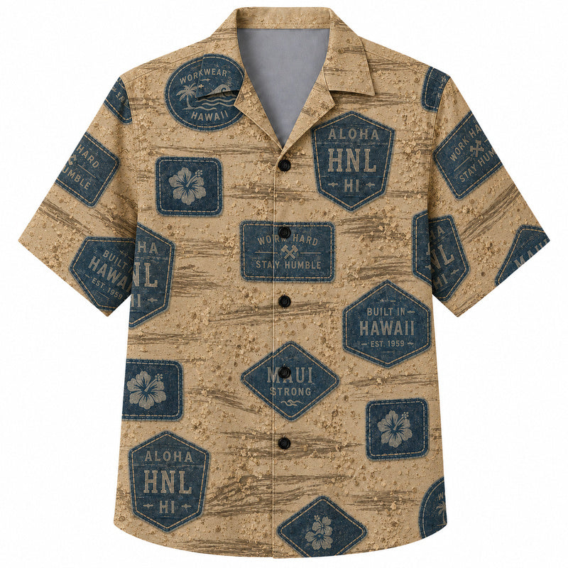 Labor Day Hawaiian Shirt- Aloha Denim Badge Print on Cork Texture