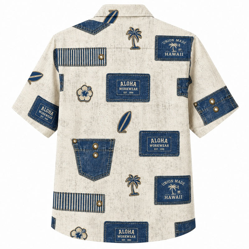 Labor Day Hawaiian Shirt Aloha Denim Pocket Print for the Holiday