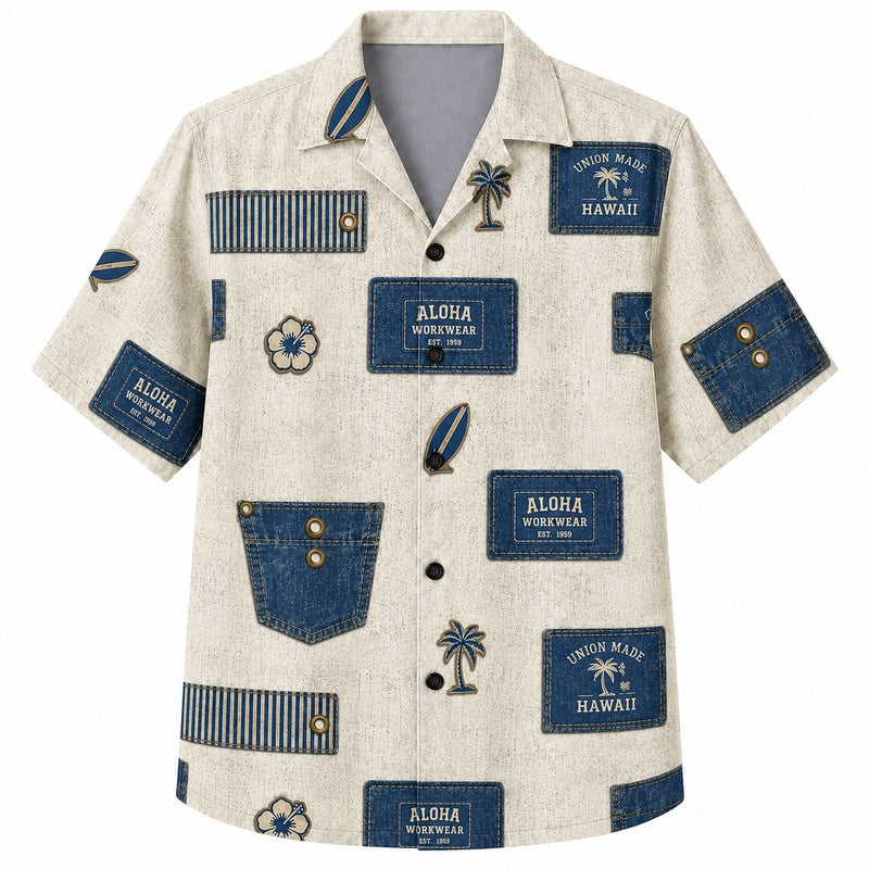 Labor Day Hawaiian Shirt Aloha Denim Pocket Print for the Holiday