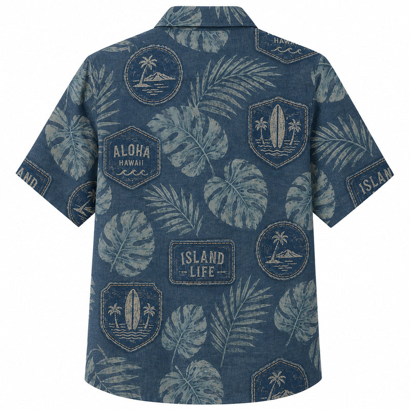 Labor Day Hawaiian Shirt- Aloha Island Badge Print on Faded Denim