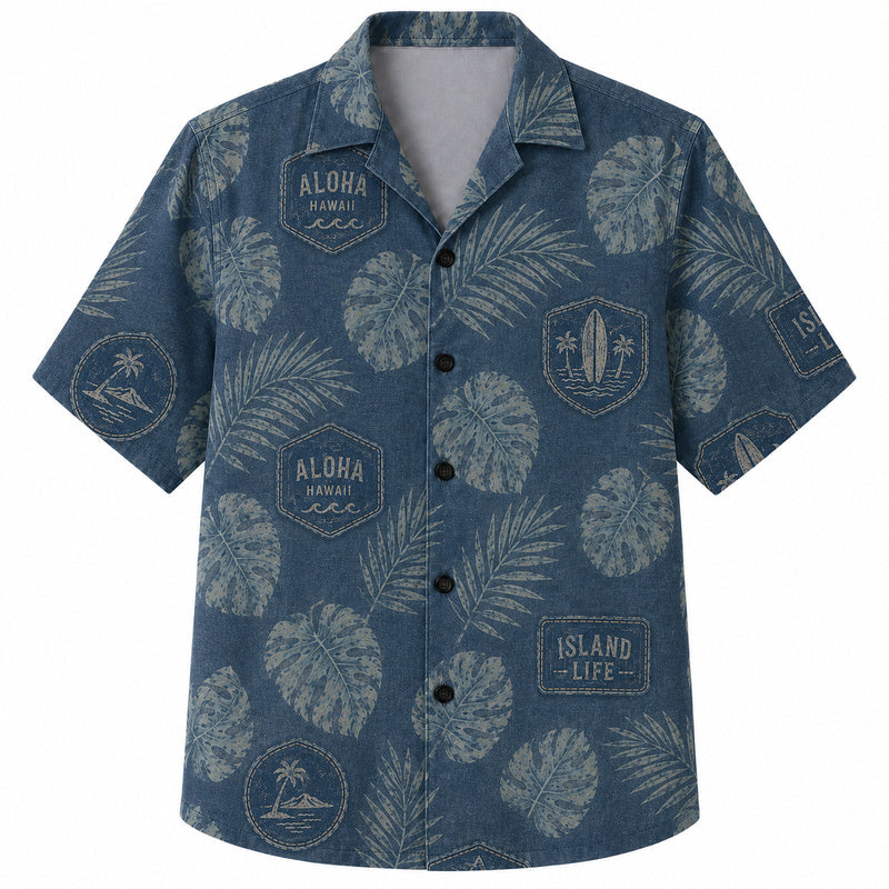 Labor Day Hawaiian Shirt- Aloha Island Badge Print on Faded Denim